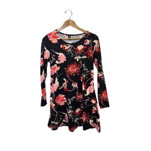 Women's Black Floral Swing Tunic Dress S Long Sleeve Knee Length Casual